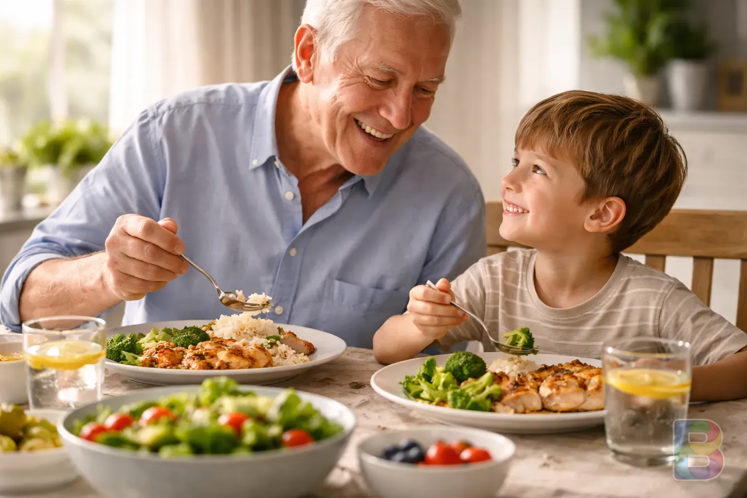 photorealistic, elderly person and child eating together in a brightly lit dining room, focus on the food texture, safe and warm atmosphere