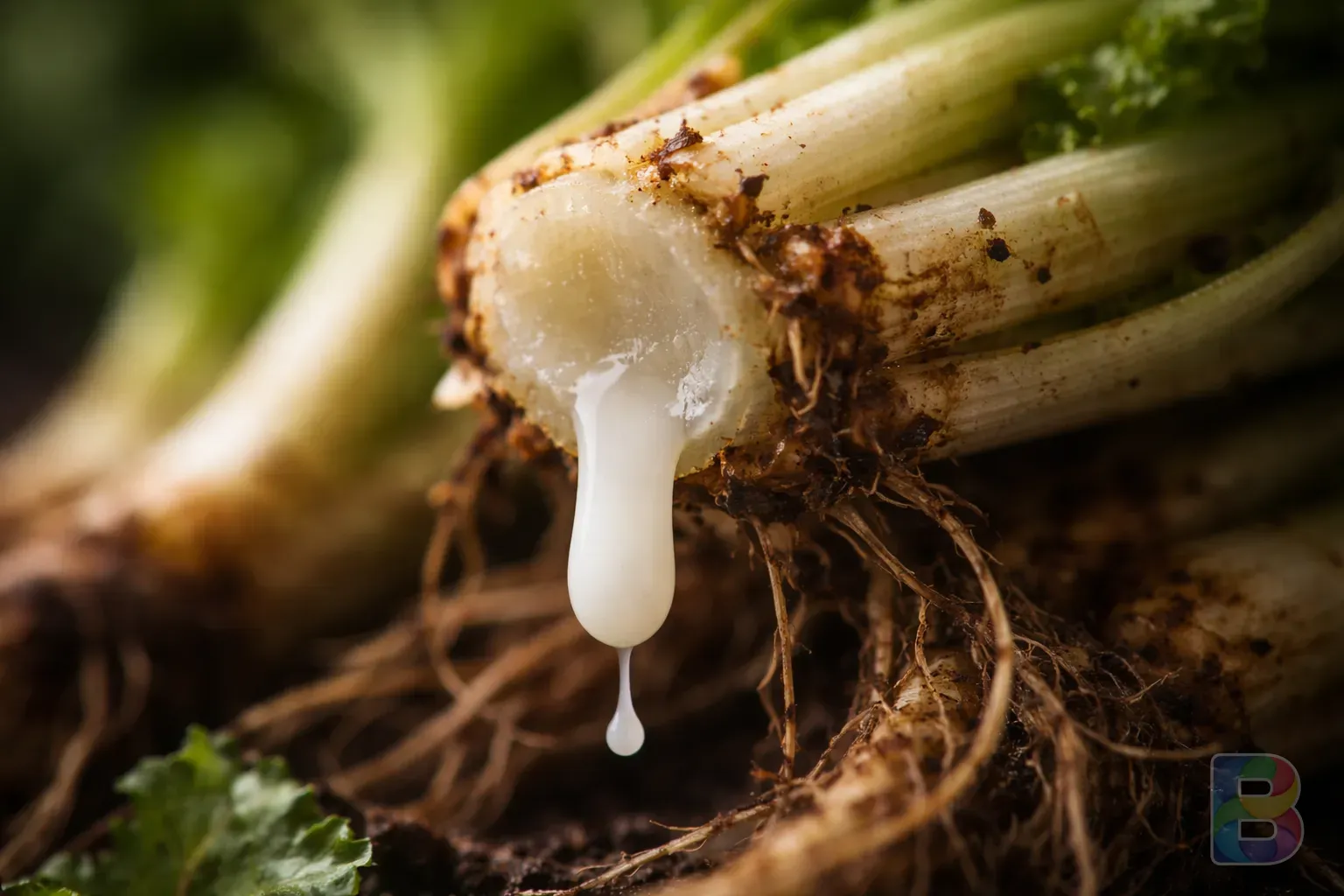 photorealistic, detail shot of the white milky sap oozing from a cut Godeulppaegi stem, macro photography, soft natural lighting, high detail