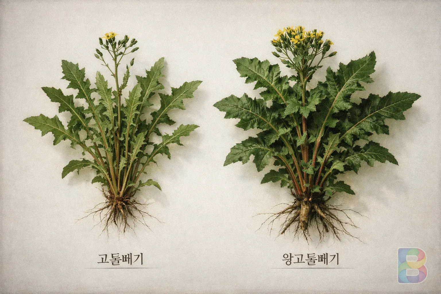 photorealistic, comparison shot of two different green leafy plants, one is Godeulppaegi and the other is Wang-Godeulppaegi, botanical illustration style, clean background
