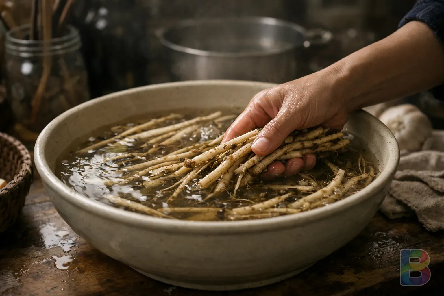 photorealistic, Godeulppaegi roots soaking in a bowl of water, hand scrubbing the roots gently, kitchen environment, soft lighting