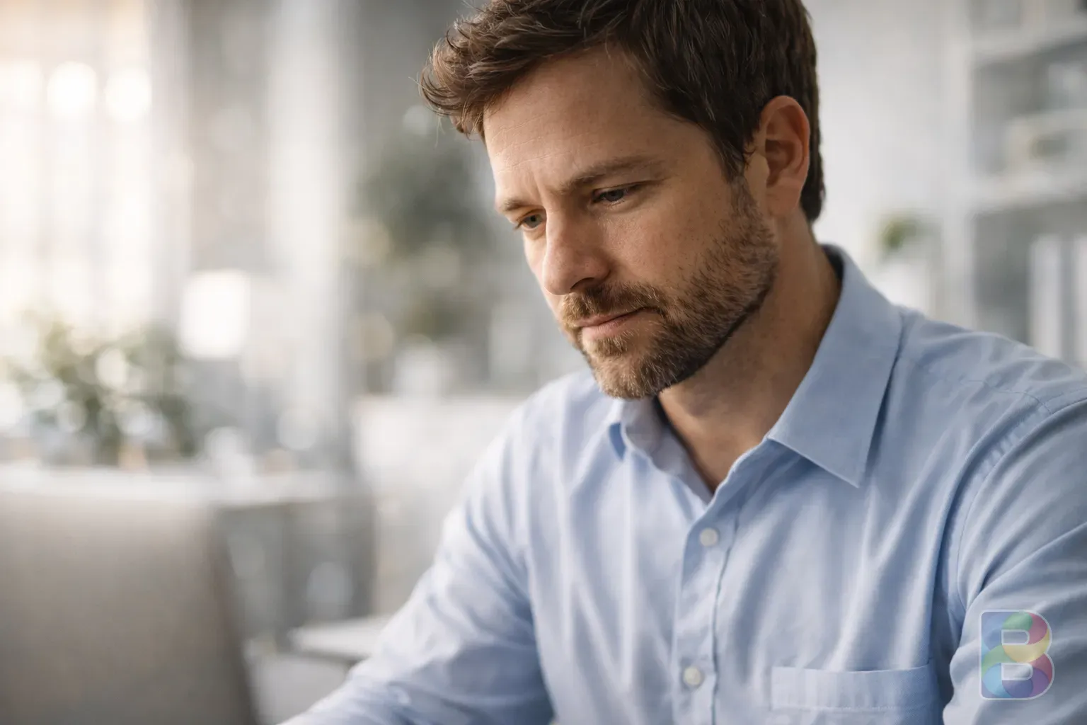 photorealistic, close-up of a person looking calm and focused while working in a bright office, soft bokeh background, natural lighting
