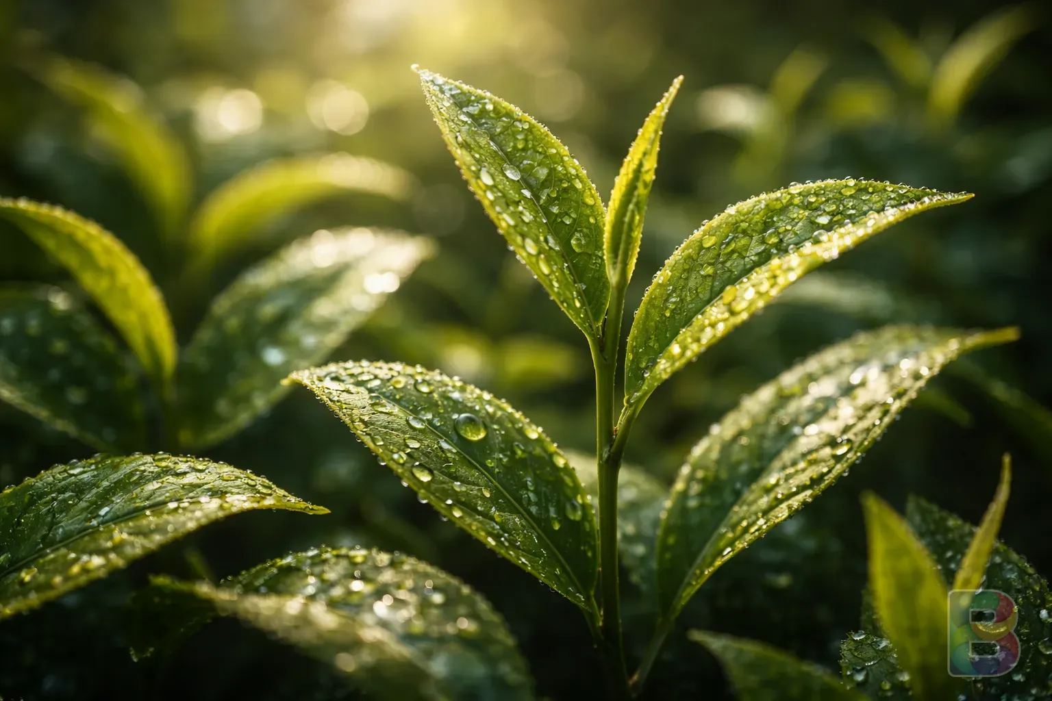 photorealistic, macro shot of vibrant green tea leaves with water droplets, soft natural light, high detail, botanical photography