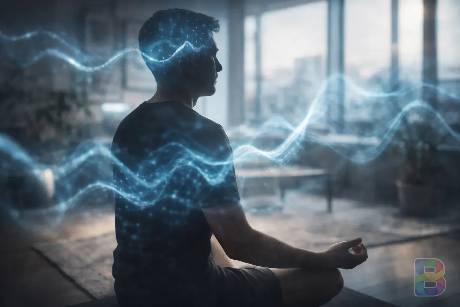 photorealistic, cinematic shot of a person meditating in a modern light-filled room, double exposure with abstract blue light waves representing brainwaves, calm mood