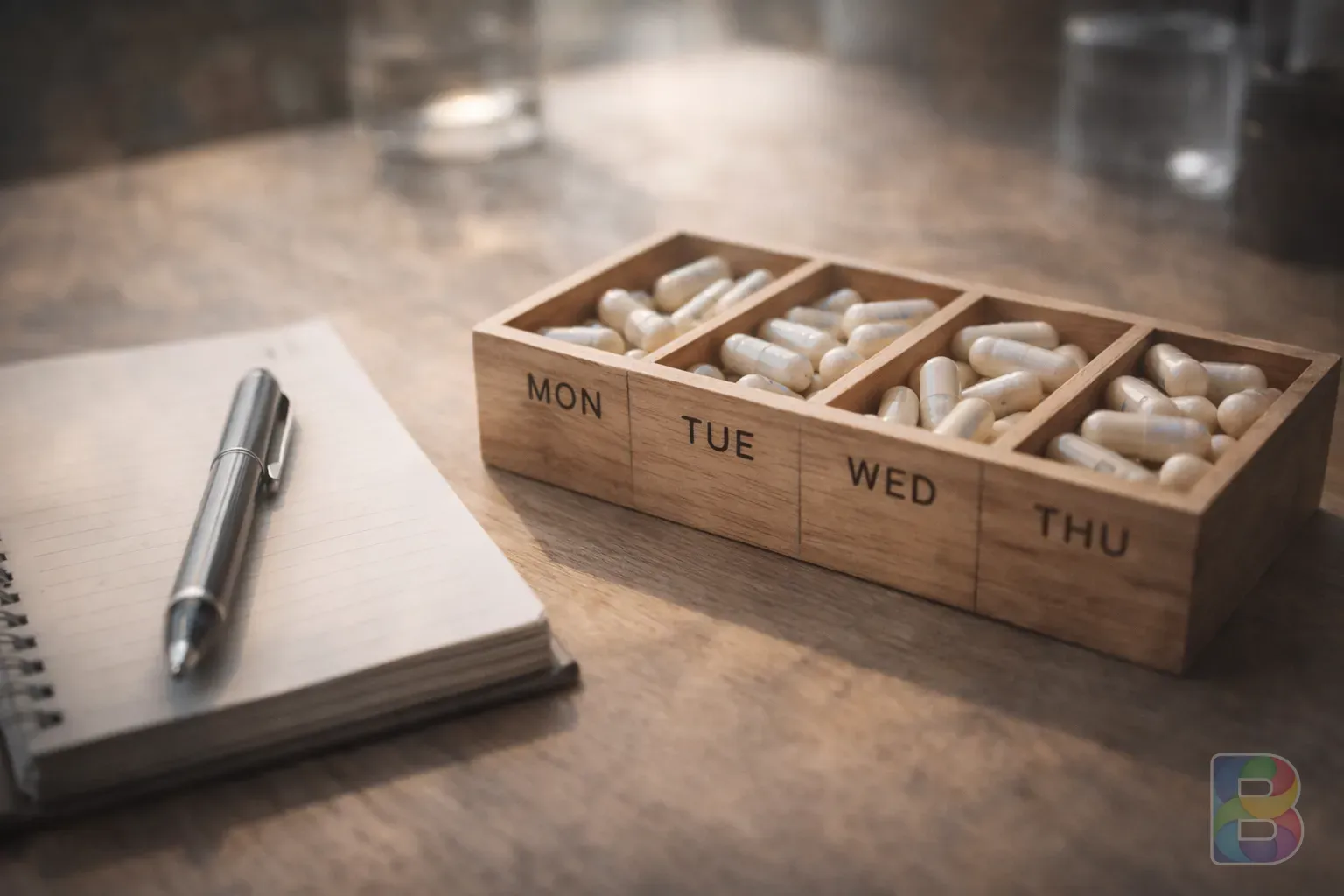 photorealistic, close-up of a wooden supplement organizer with white capsules next to a notebook and a pen, soft morning light, organized and professional mood