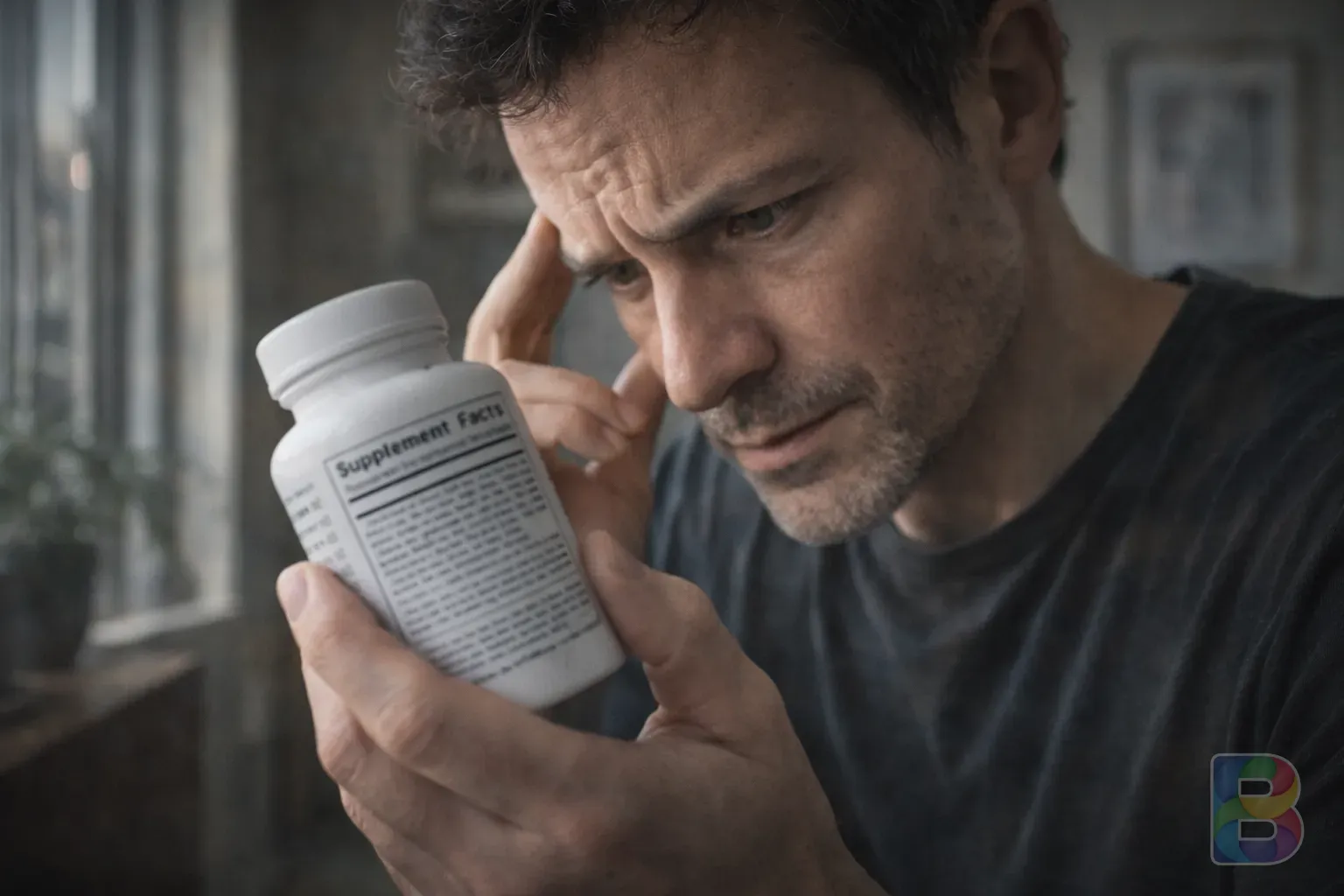 photorealistic, a person reading the small print on a supplement bottle label with a concerned expression, natural light, high detail, realistic textures