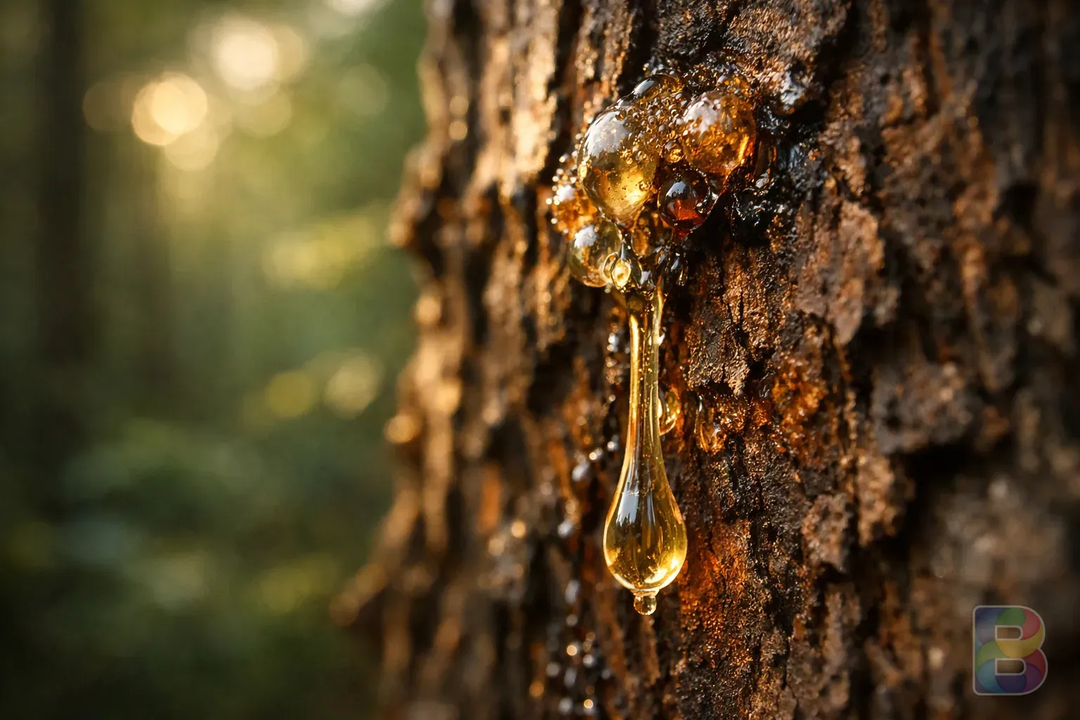 photorealistic, detail shot of a lacquer tree bark with sap leaking out, natural forest setting, macro photography, sharp focus on the resin, soft morning sunlight