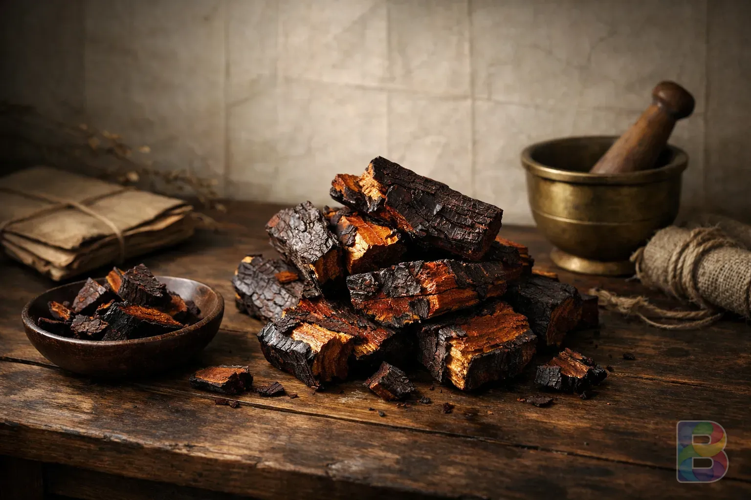 photorealistic, high-end food photography of lacquer tree pieces used for medicine, wooden table, traditional Korean paper background, soft natural side lighting