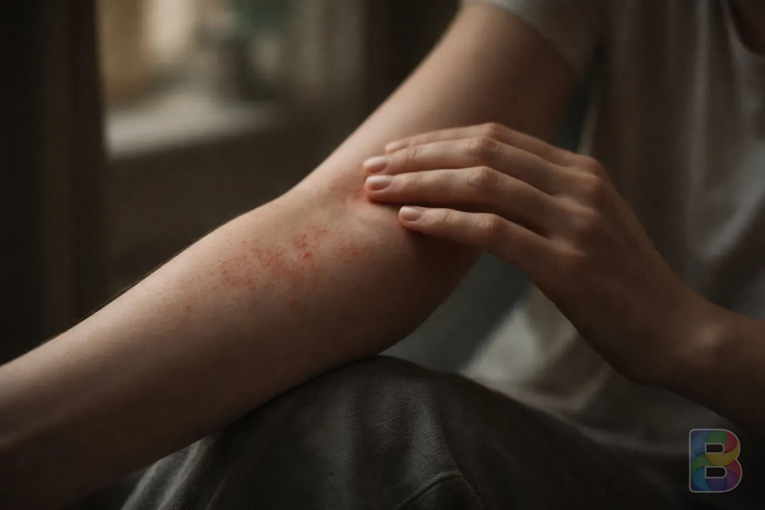 photorealistic, a person's arm with a slight red rash, soft indoor lighting, showing the sensory detail of skin texture, clinical but empathetic mood