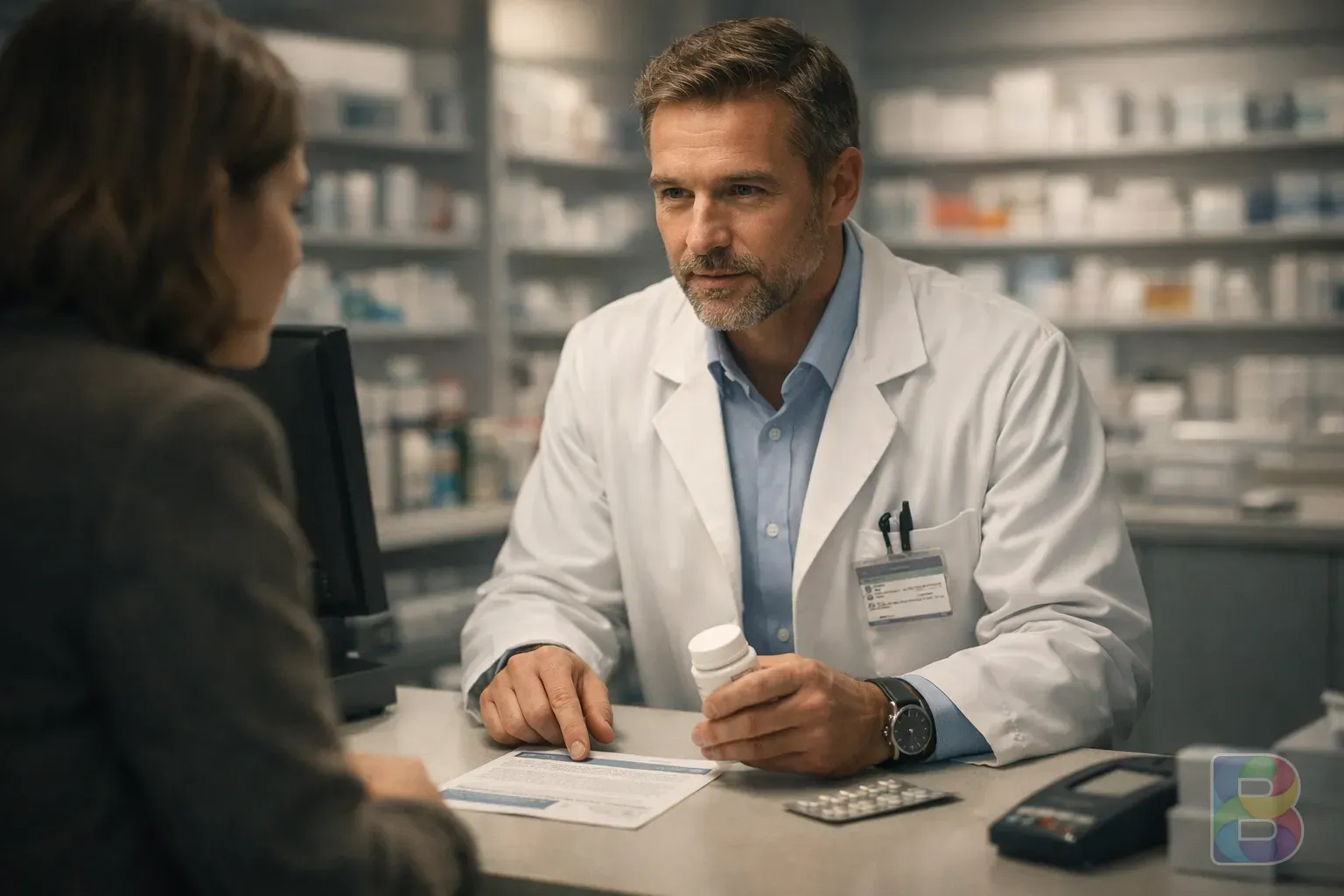 photorealistic, professional pharmacist providing advice at a pharmacy counter, focused and calm atmosphere, modern clinical environment