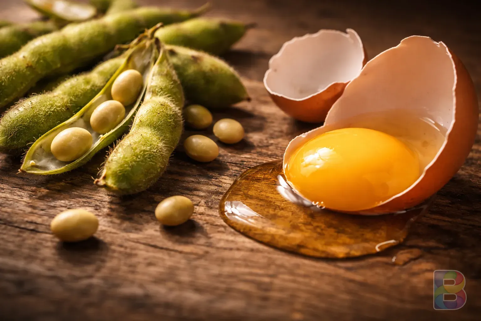 photorealistic, macro shot of soybean pods and a cracked egg yolk side by side, textured wooden background, warm natural lighting, high contrast, clean composition