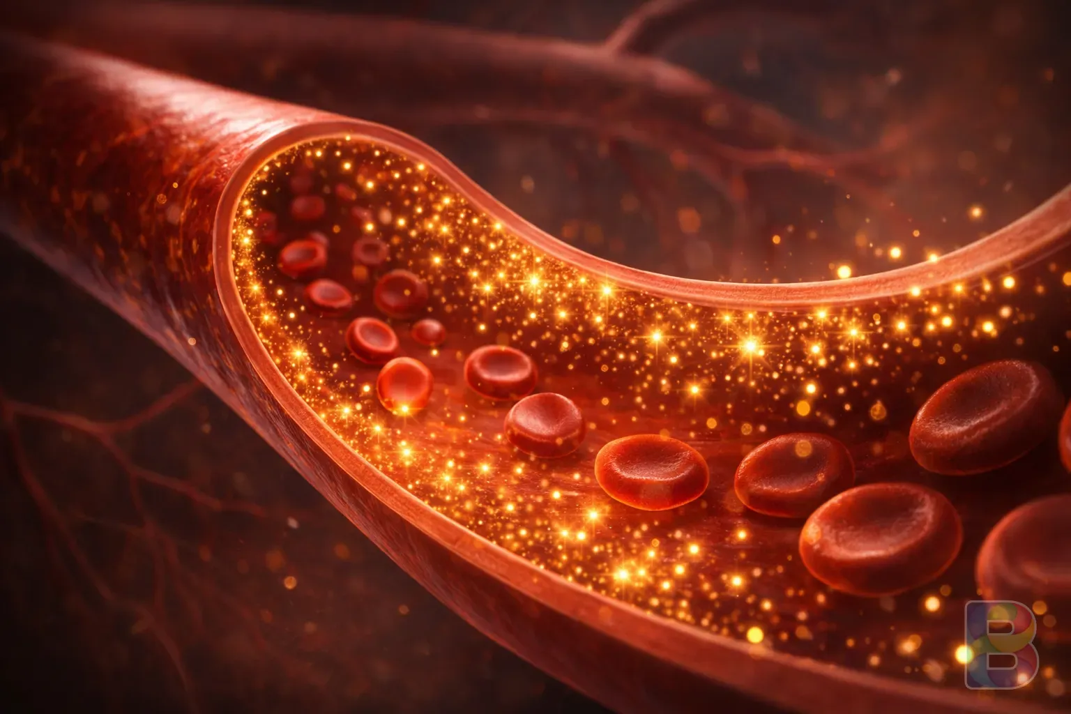 photorealistic, conceptual image of a clean human artery with golden sparkles representing lecithin cleaning the walls, medical illustration style, cinematic lighting, 8k resolution