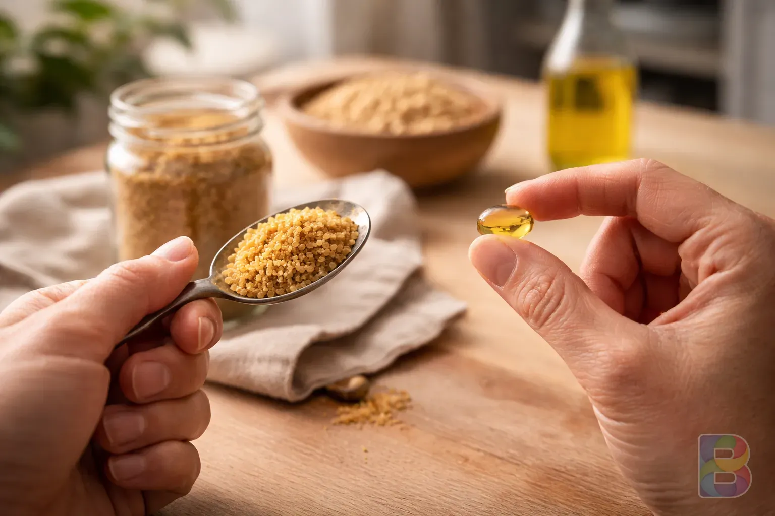 photorealistic, person comparing a spoonful of soy lecithin granules and a softgel capsule in their hand, kitchen setting, soft natural light, high detail