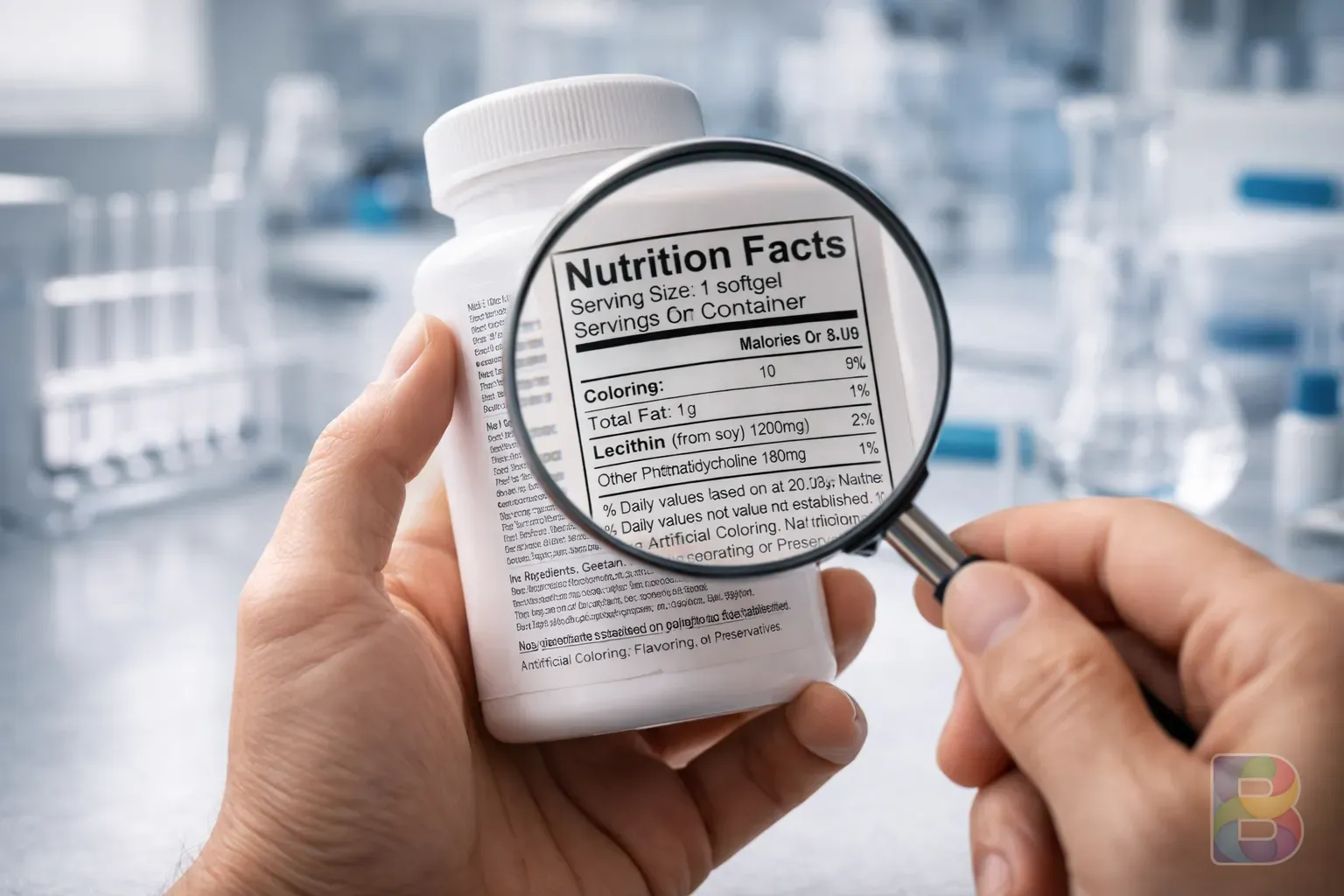 photorealistic, a person reading the nutrition label on a supplement bottle with a magnifying glass, clean bright laboratory background, focused atmosphere