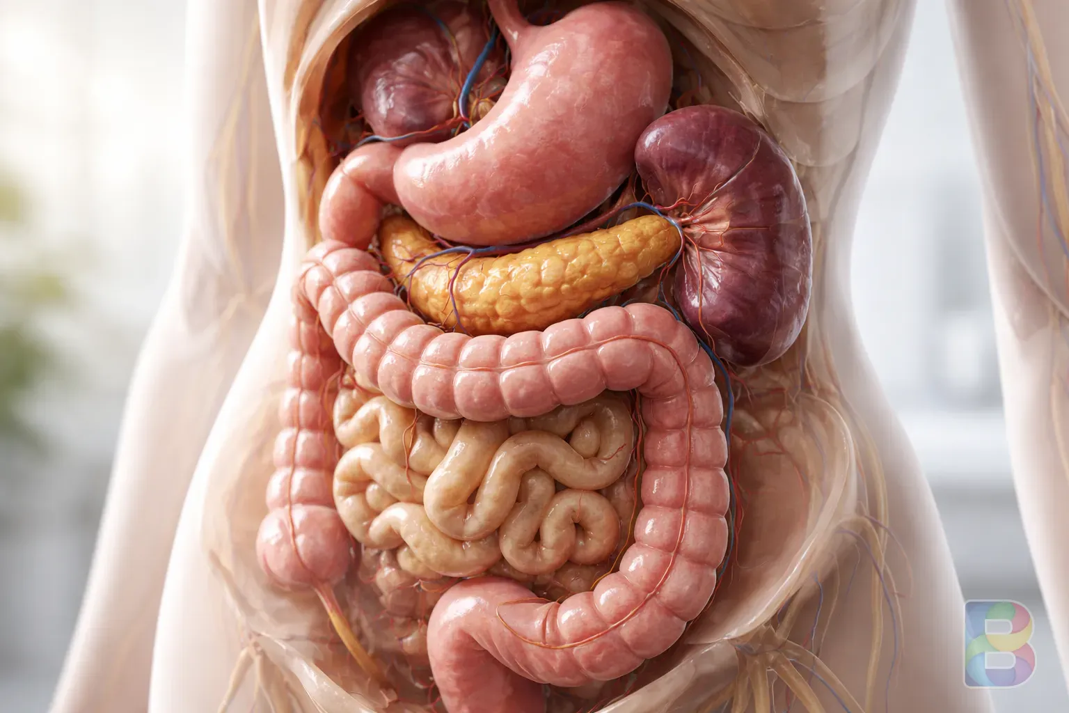 photorealistic, anatomical 3D render of the human digestive system focusing on the left side organs like spleen, pancreas and colon, clean medical background, soft lighting