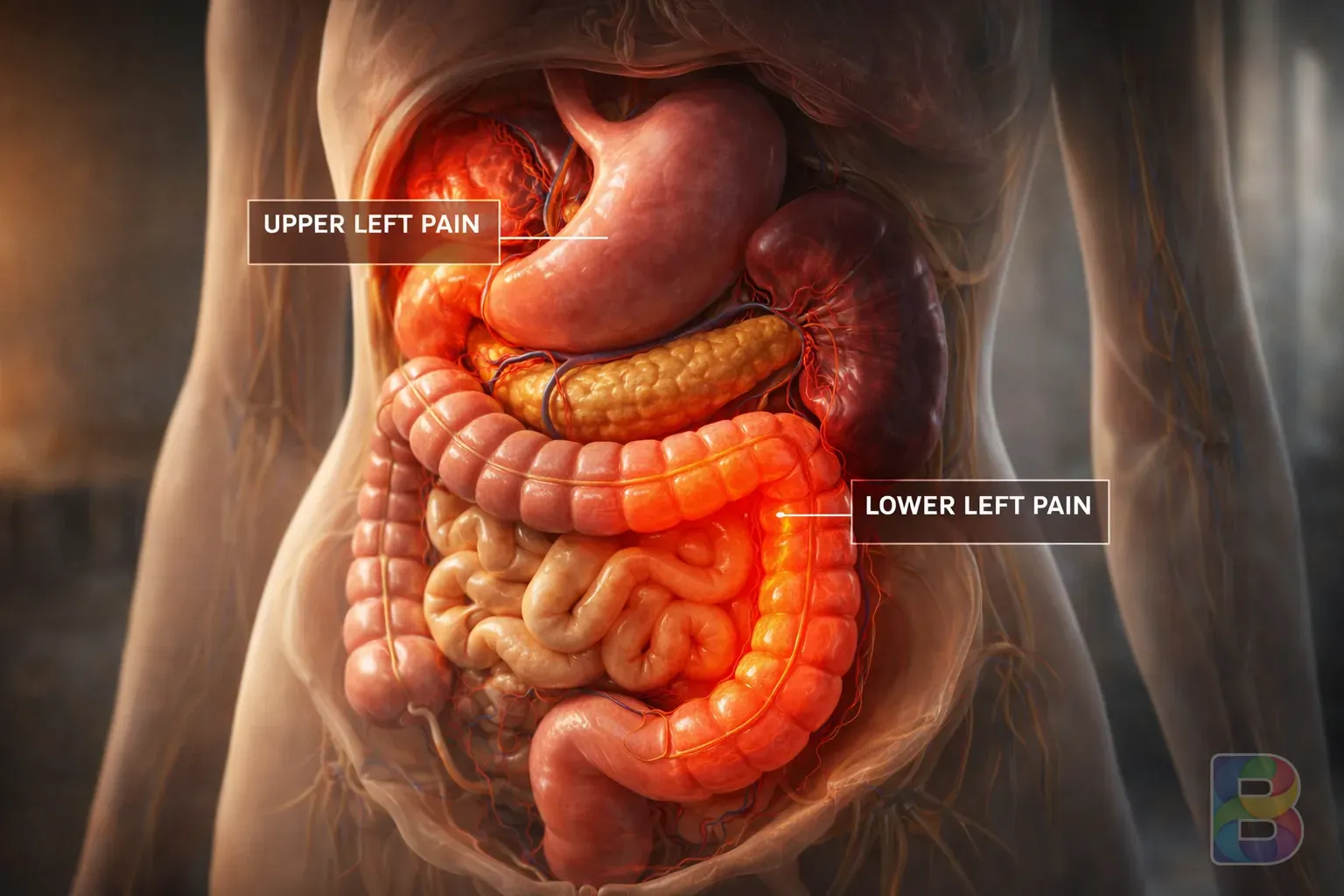 photorealistic, medical illustration of the abdominal area with highlighted zones for upper and lower left pain, professional and clear, cinematic lighting