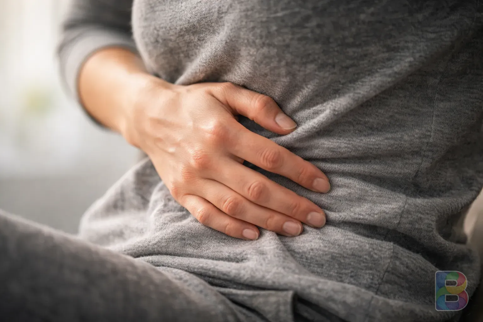 photorealistic, close-up of a person's hand pressing on their side abdomen, feeling for tenderness, soft clinical lighting, sensory focus