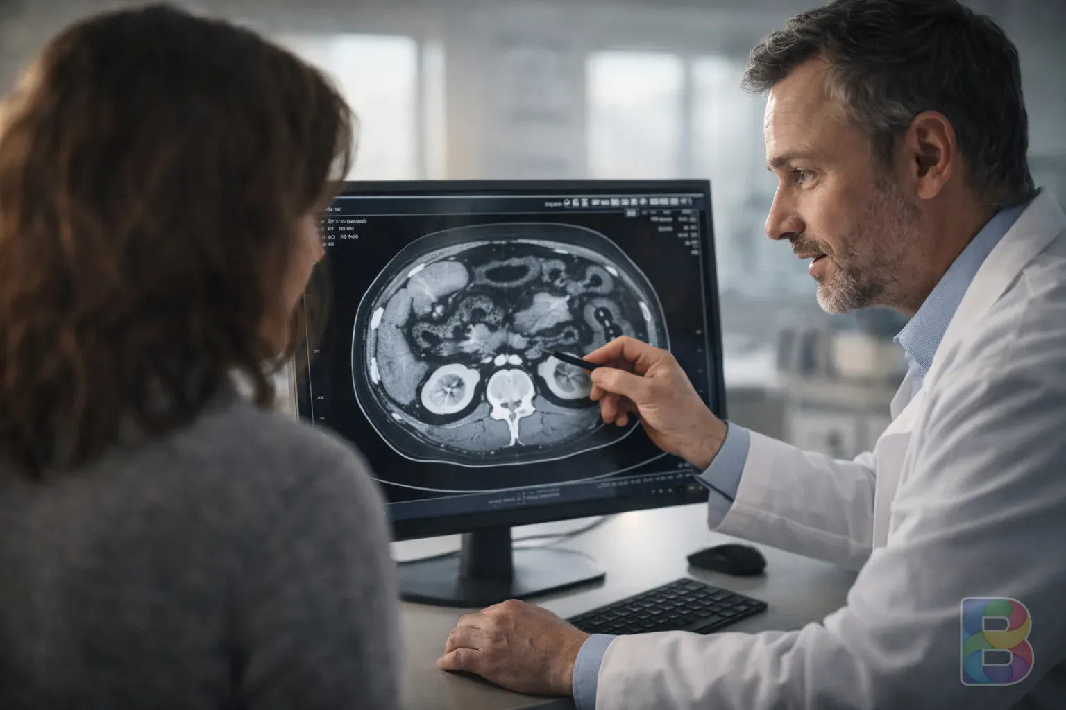photorealistic, doctor pointing at a CT scan of an abdomen on a monitor, explaining to a patient, modern hospital setting, professional lighting