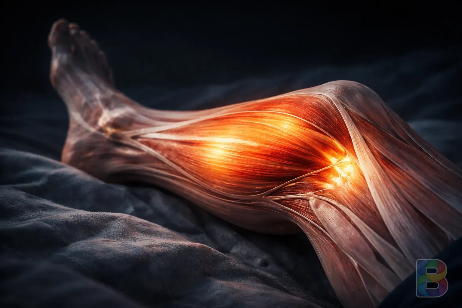 photorealistic, anatomical visualization of leg muscle fibers contracting intensely, glowing orange highlights on the calf muscle, dark background, medical illustration style