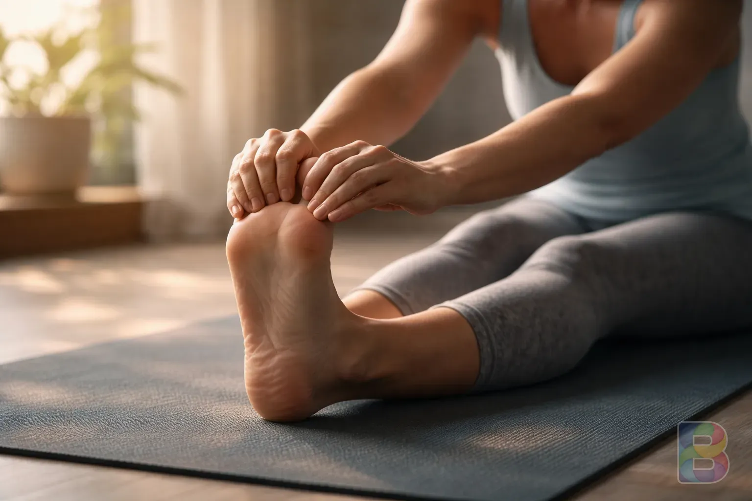 photorealistic, detail shot of a person sitting on a yoga mat, performing a calf stretch by pulling their toes towards their body, soft morning light, serene atmosphere