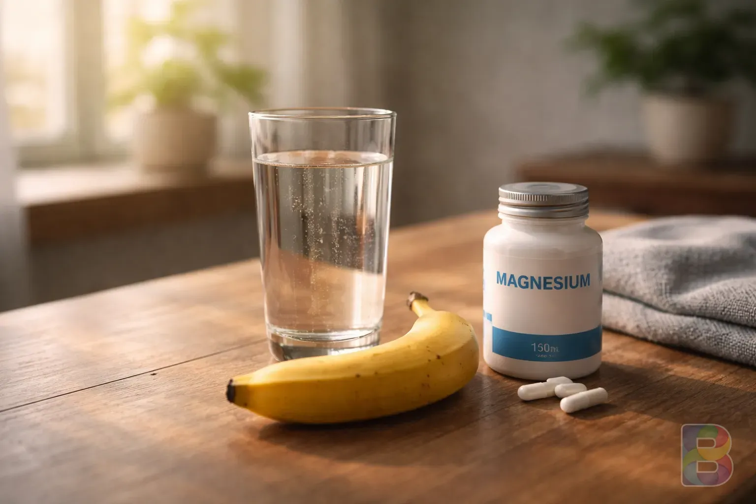 photorealistic, a wooden table with a glass of water, a banana, and a small bottle of magnesium supplements, soft natural light, clean and healthy lifestyle vibe
