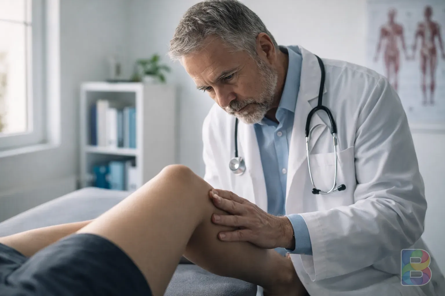 photorealistic, professional doctor in white coat looking at a patient's leg with a focused expression, medical office setting, bright and clean, trustworthy atmosphere