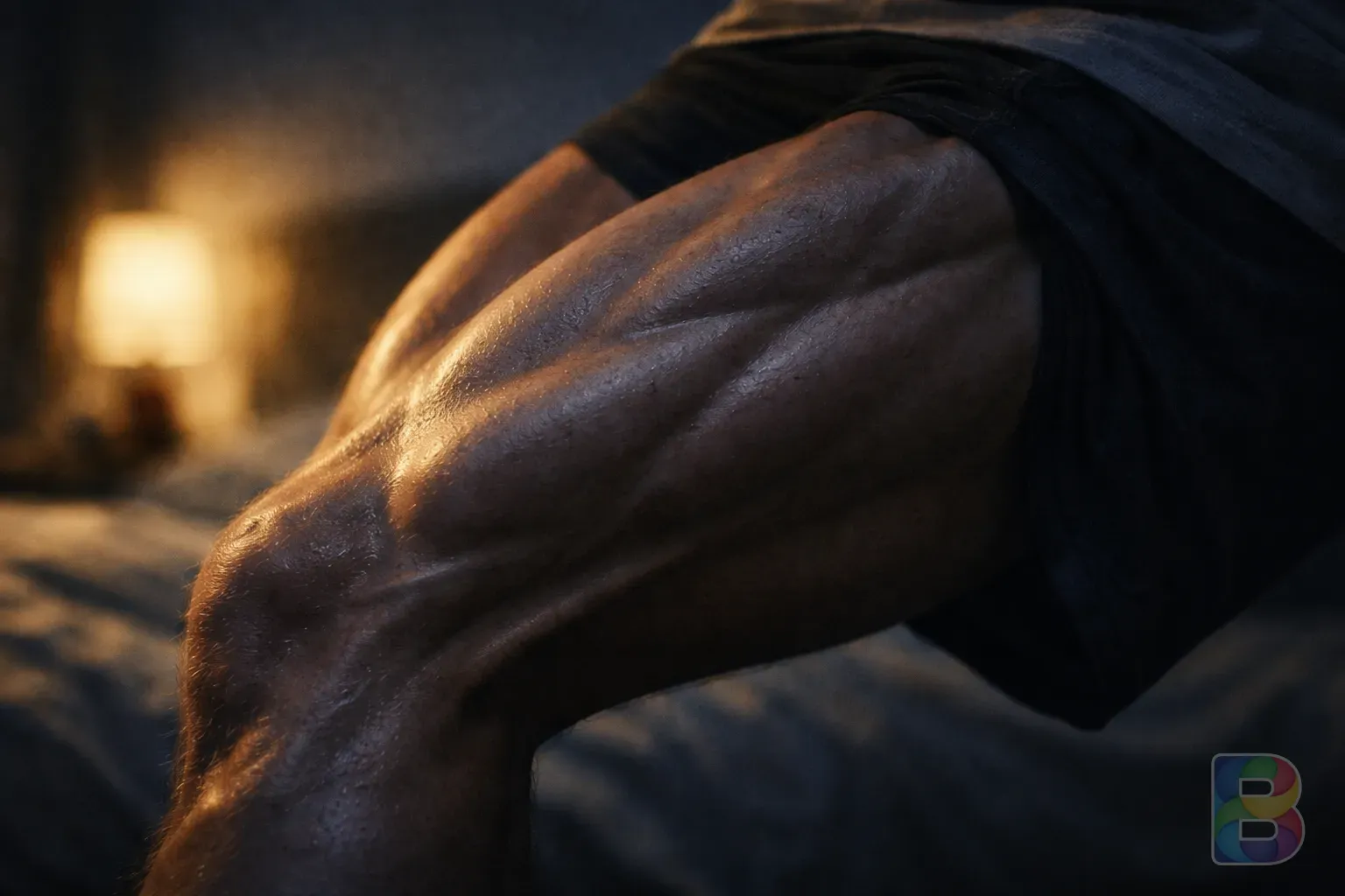 photorealistic, detail shot of human leg muscles showing tension, anatomical but artistic style, soft dramatic lighting, high resolution