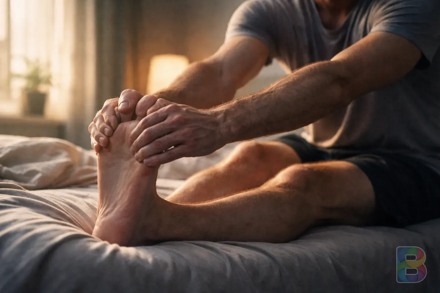 photorealistic, person sitting on a bed performing a calf stretch by pulling their toes toward their body, soft morning light, cinematic and calm