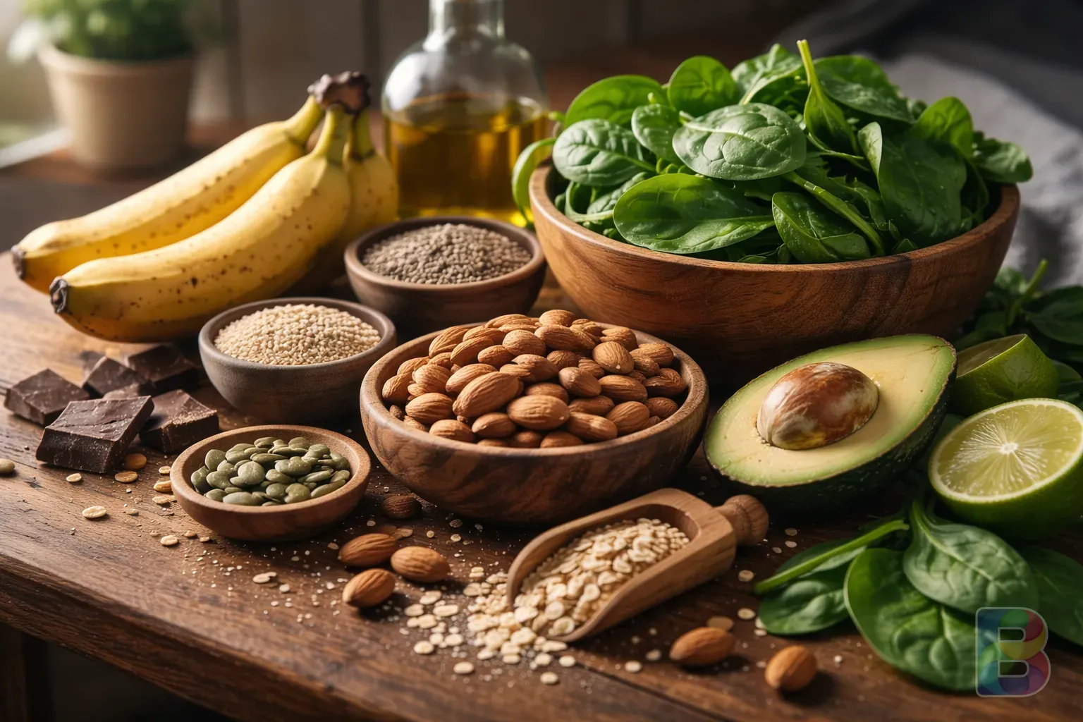 photorealistic, a wooden table with magnesium-rich foods like bananas, almonds, and spinach, soft natural lighting, high detail food photography