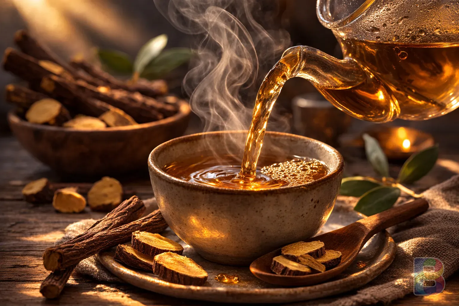 photorealistic, close-up of licorice tea being poured into a ceramic cup, steam rising, warm cozy atmosphere, cinematic lighting, macro photography