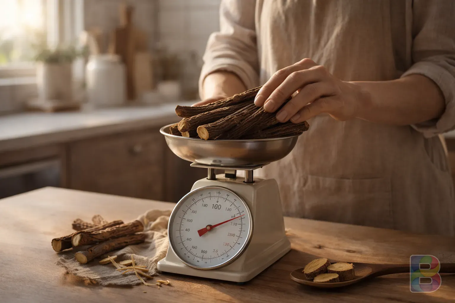 photorealistic, a person measuring dried licorice roots on a small kitchen scale, soft morning light, clean kitchen background, cinematic lighting