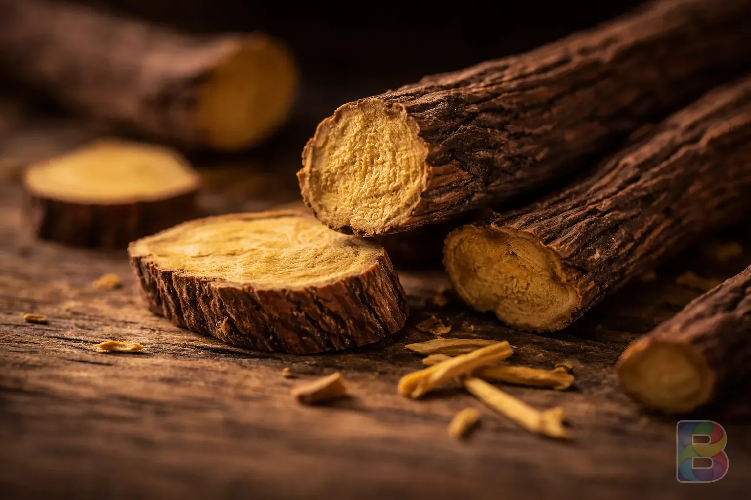 photorealistic, high-quality close up of licorice slices showing its yellow inner fiber, dark background, sharp focus, cinematic lighting