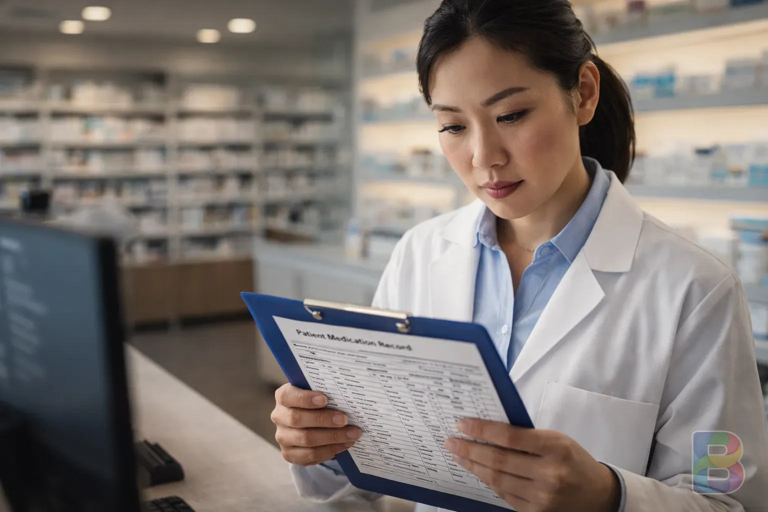 photorealistic, a focused pharmacist checking a patient's medication record in a modern pharmacy, clinical but warm lighting, professional atmosphere
