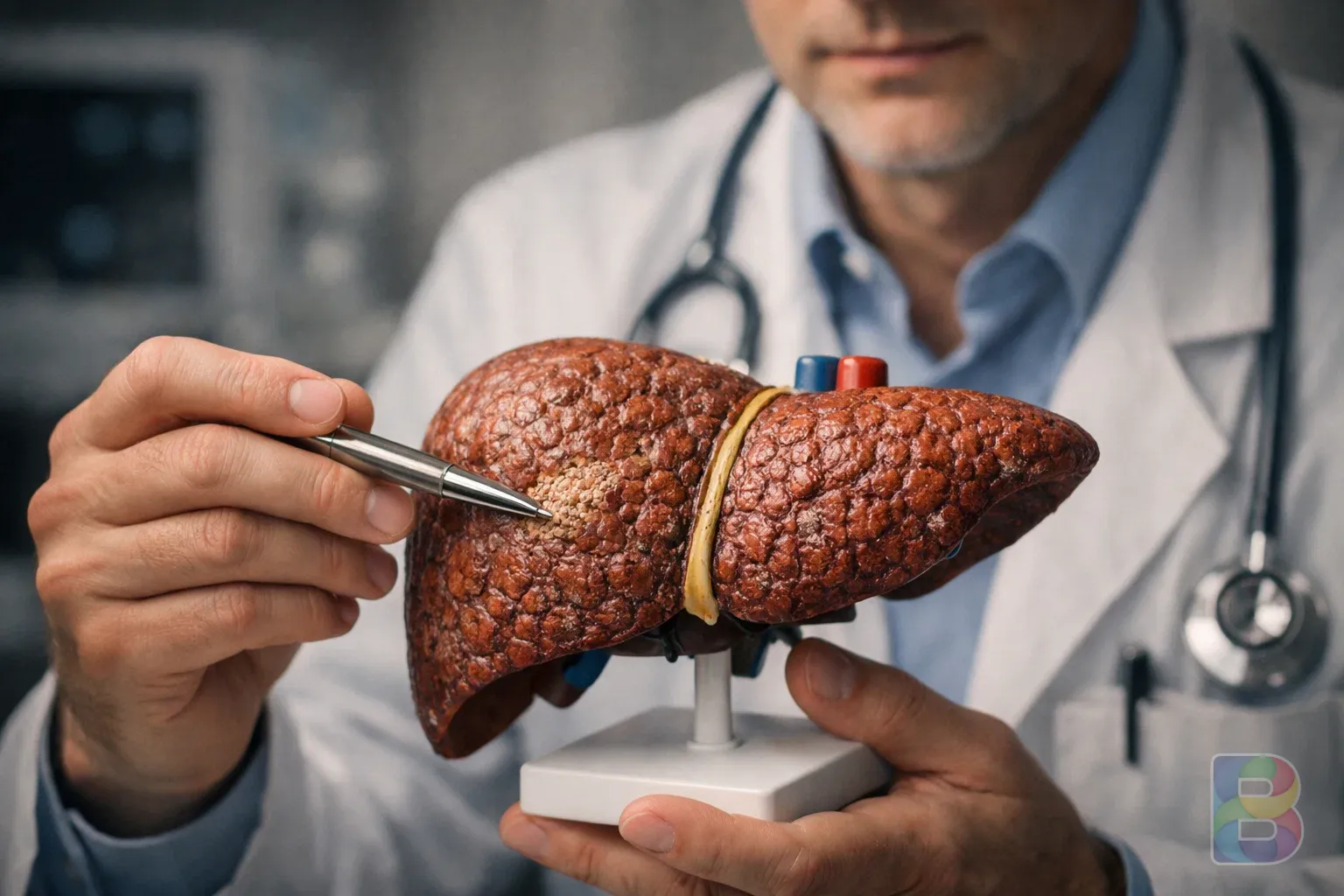 photorealistic, close-up of a doctor pointing at a liver model with fibrous texture, clinical setting, soft professional lighting, sharp focus