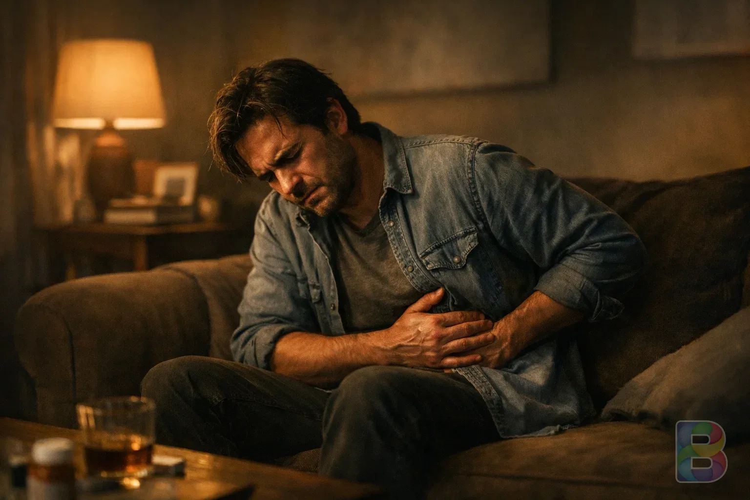 photorealistic, a person sitting on a sofa looking exhausted, holding their side around the liver area, warm indoor lighting, cinematic emotional mood