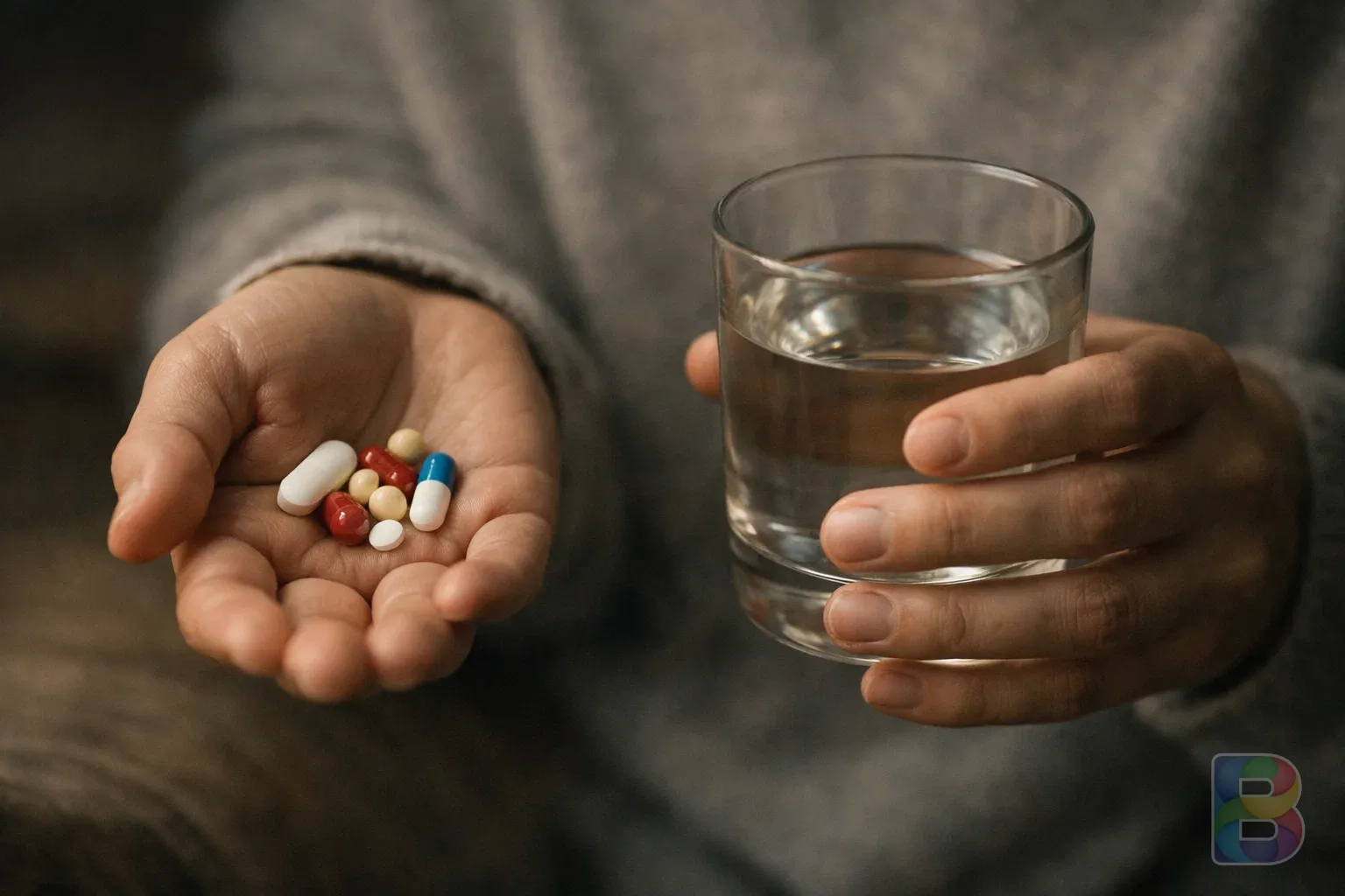 photorealistic, close-up of a person's hands holding a variety of medications and a water glass, focus on the hands, soft lighting, calm atmosphere
