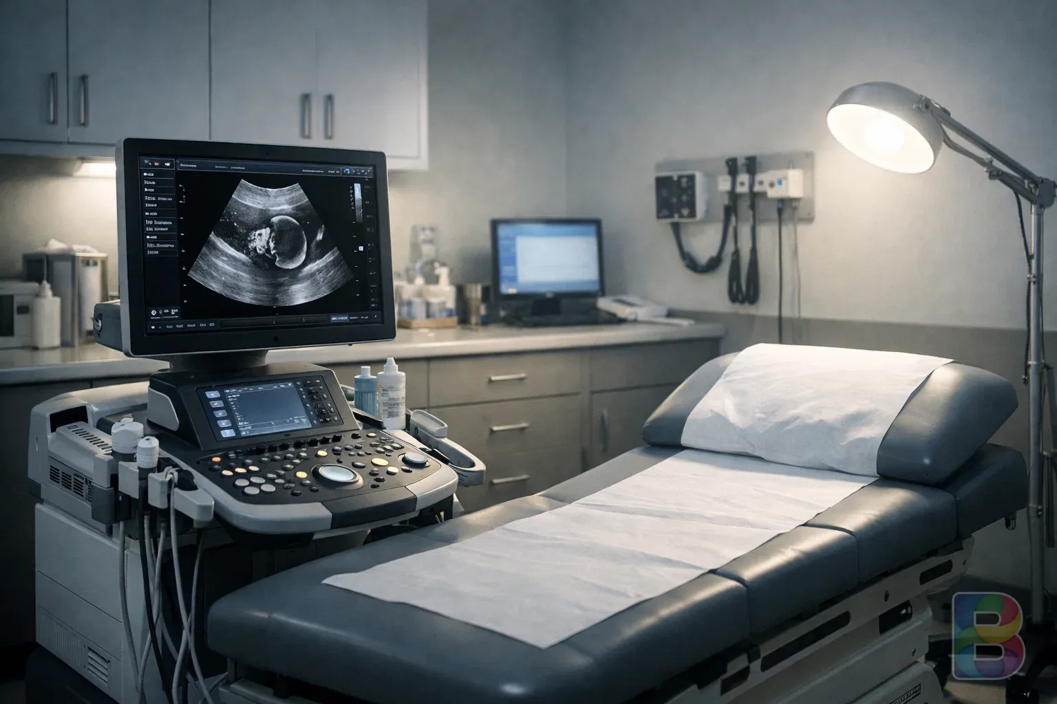 photorealistic, a modern medical examination room with an ultrasound machine, clean clinical environment, bright and professional lighting