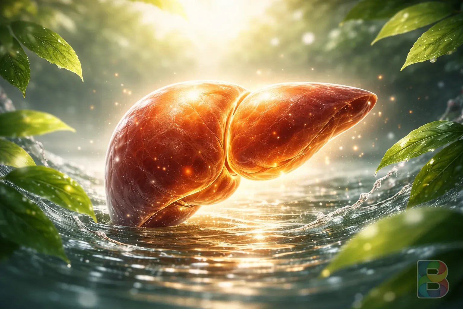 photorealistic, conceptual illustration of a human liver glowing with soft golden light, surrounded by clean water and green leaves, cinematic lighting, 8k resolution, medical art style