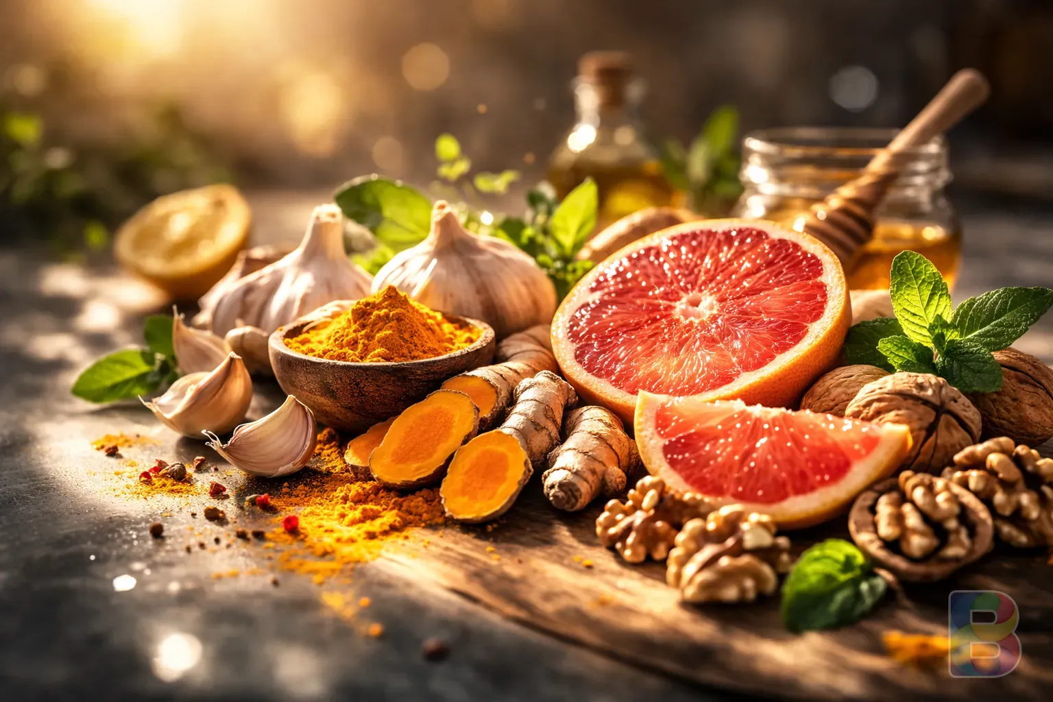 photorealistic, close-up of fresh organic ingredients: garlic, turmeric, grapefruit, and walnuts arranged artistically, soft bokeh background, warm clinical lighting