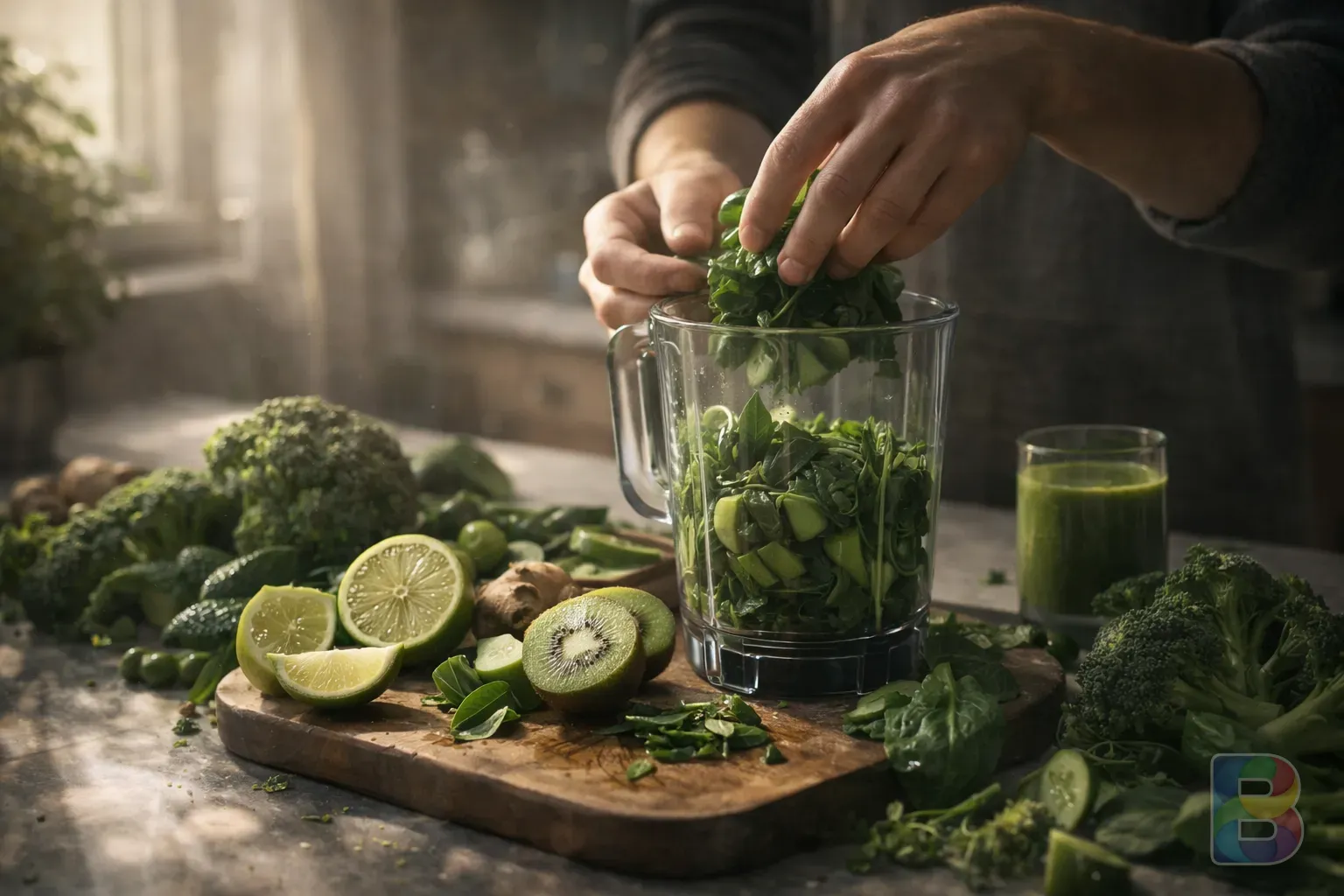 photorealistic, a person's hands preparing a healthy green smoothie, focus on fresh ingredients, soft kitchen light, cinematic detail