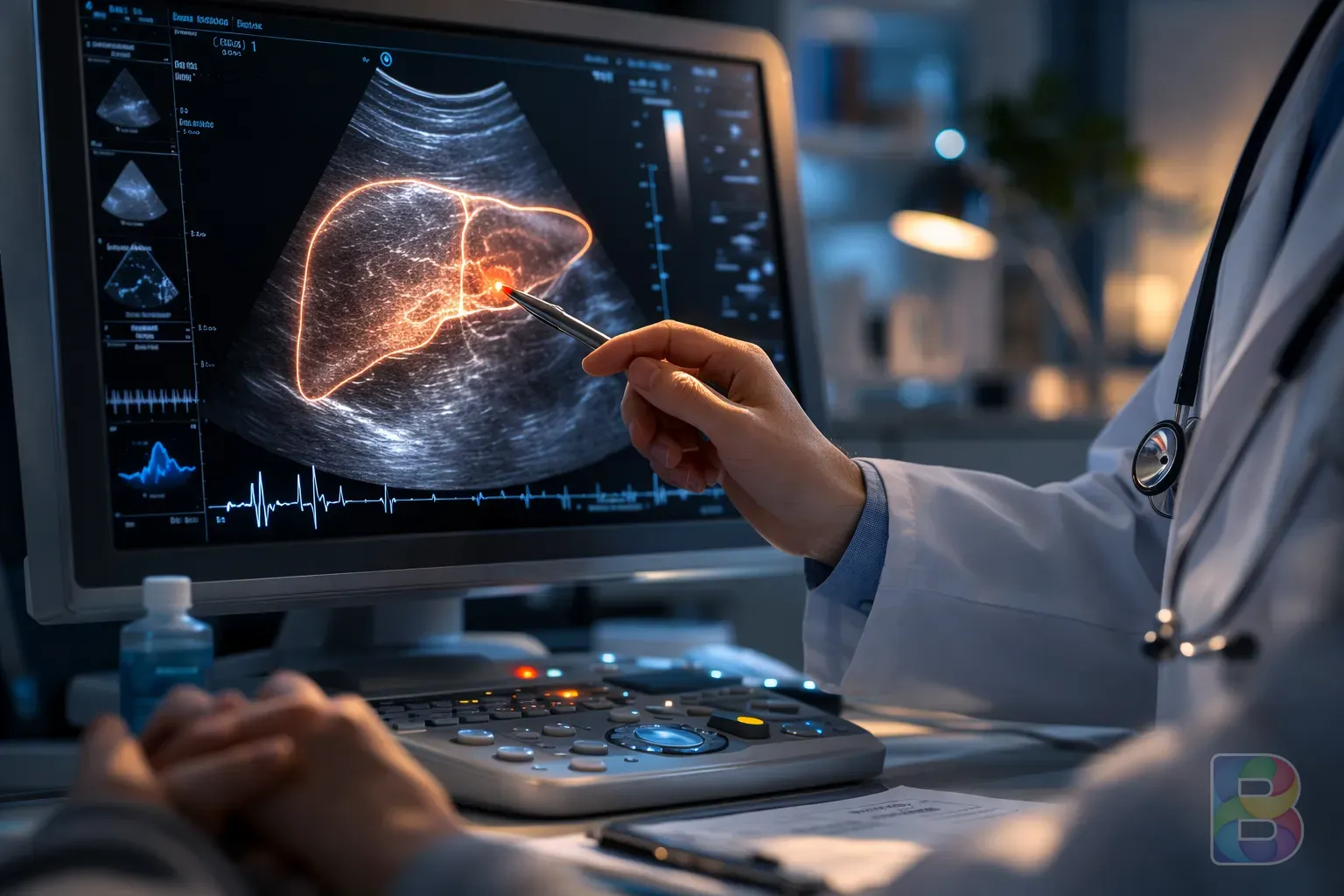 photorealistic, close-up of a doctor pointing to a liver ultrasound scan on a monitor, professional medical setting, reassuring atmosphere