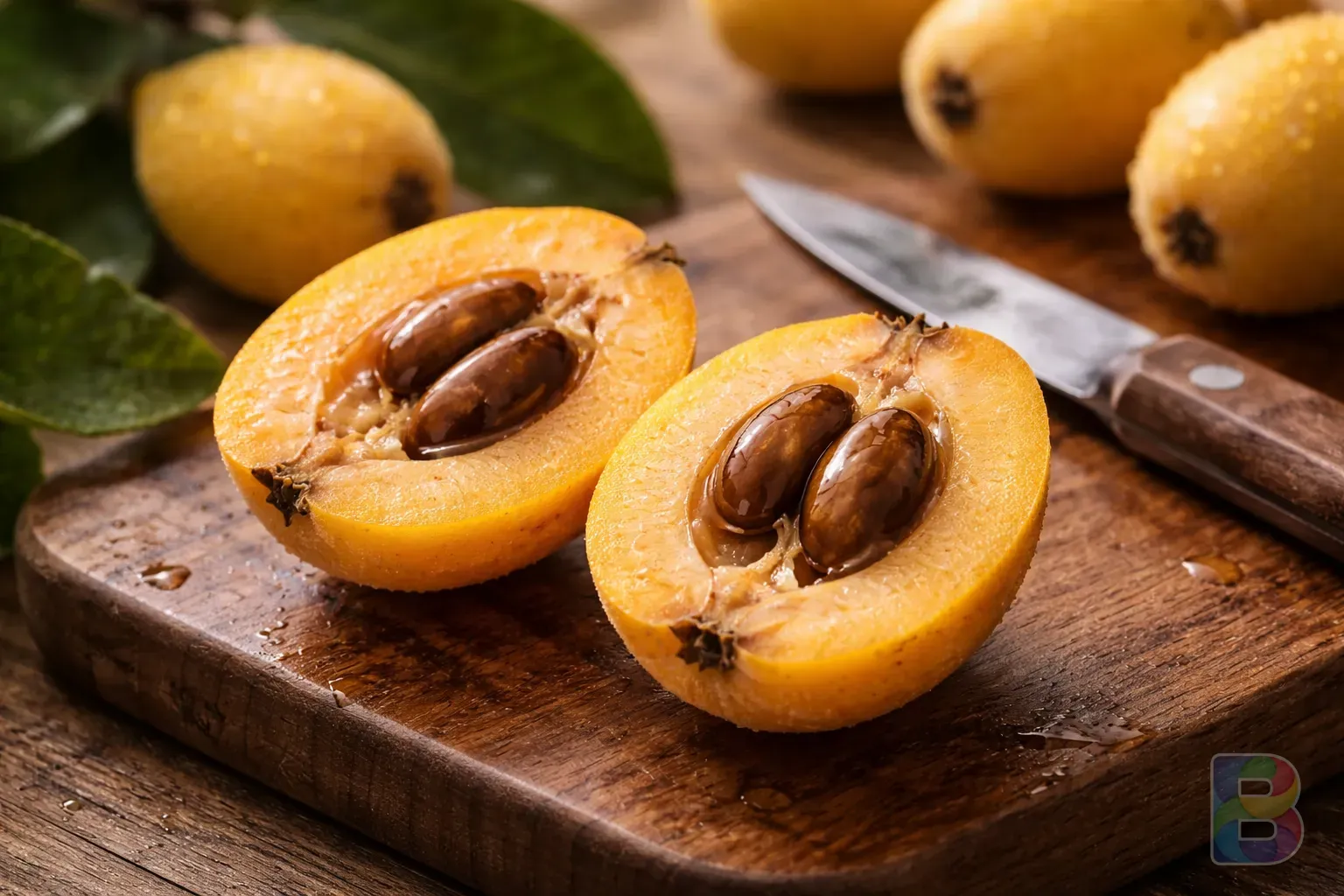 photorealistic, detail shot of sliced loquat fruit showing the juicy interior and smooth brown seeds on a wooden cutting board, soft natural lighting, elegant food photography