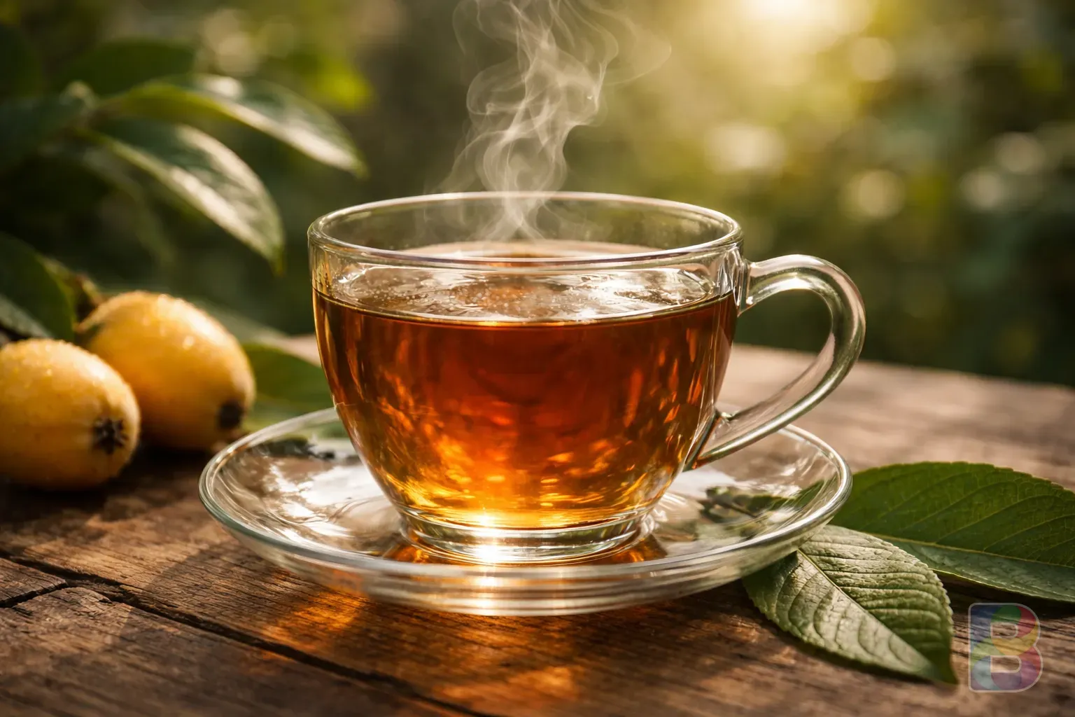 photorealistic, close-up of a glass of amber-colored loquat leaf tea with steam rising, set against a blurred garden background, cinematic soft focus