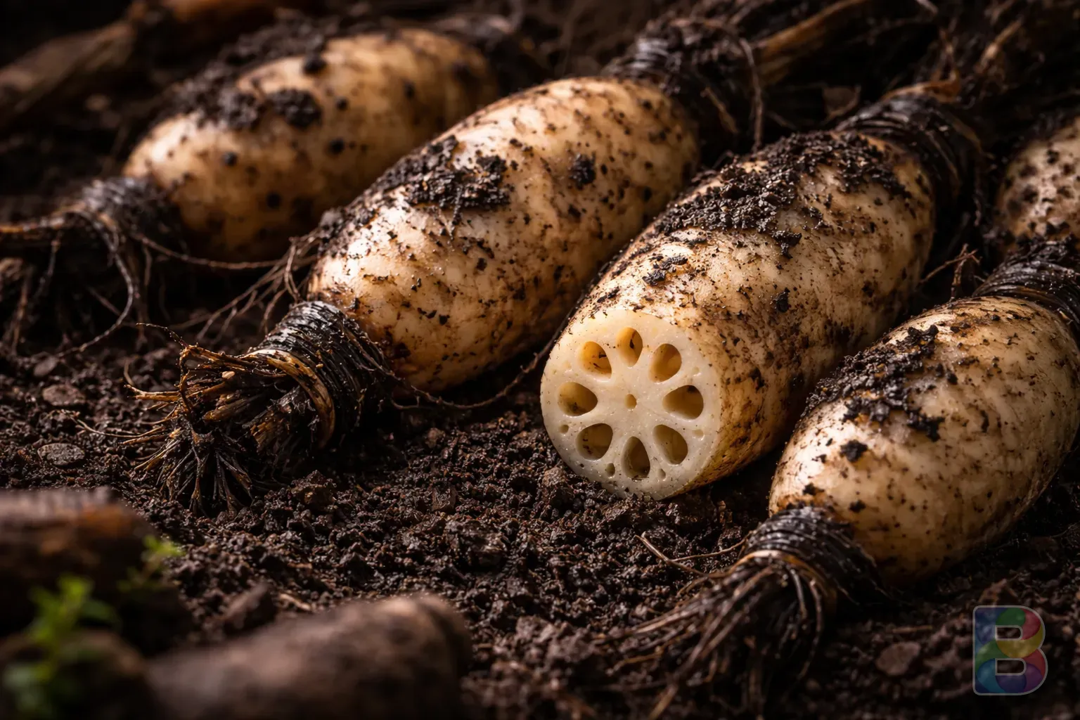 photorealistic, whole lotus roots covered in dark moist soil, artistic composition, moody lighting, earthy tones, high resolution