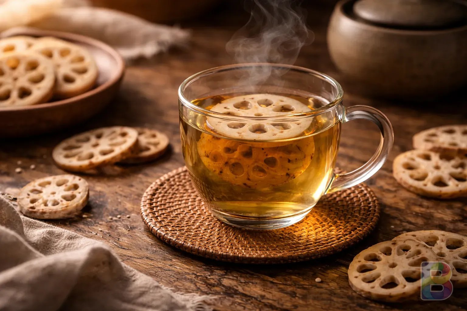 photorealistic, close-up of steaming lotus root tea in a clear glass mug, dried lotus root slices scattered around, cozy and calm atmosphere, soft lighting