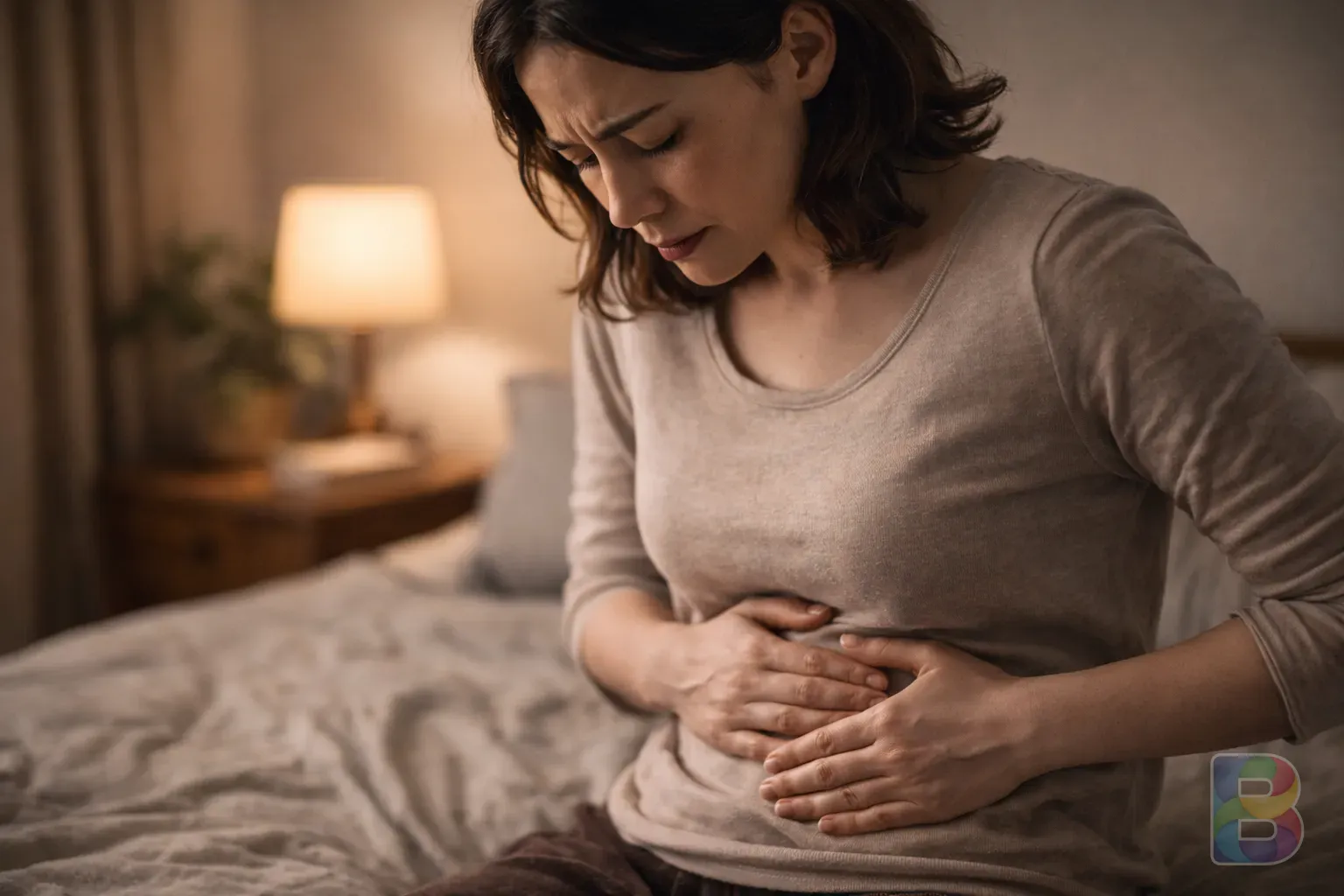 photorealistic, a person gently massaging their stomach with a worried look, soft lighting in a home setting, calm but cautious mood