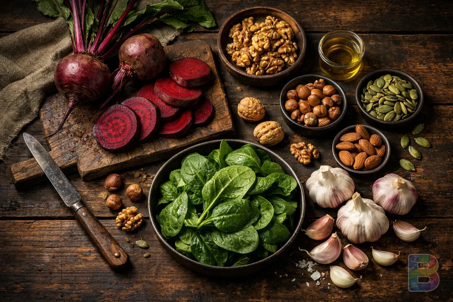 photorealistic, flat lay of healthy ingredients including beets, nuts, spinach, and garlic on a rustic wooden table, vibrant colors, cinematic lighting