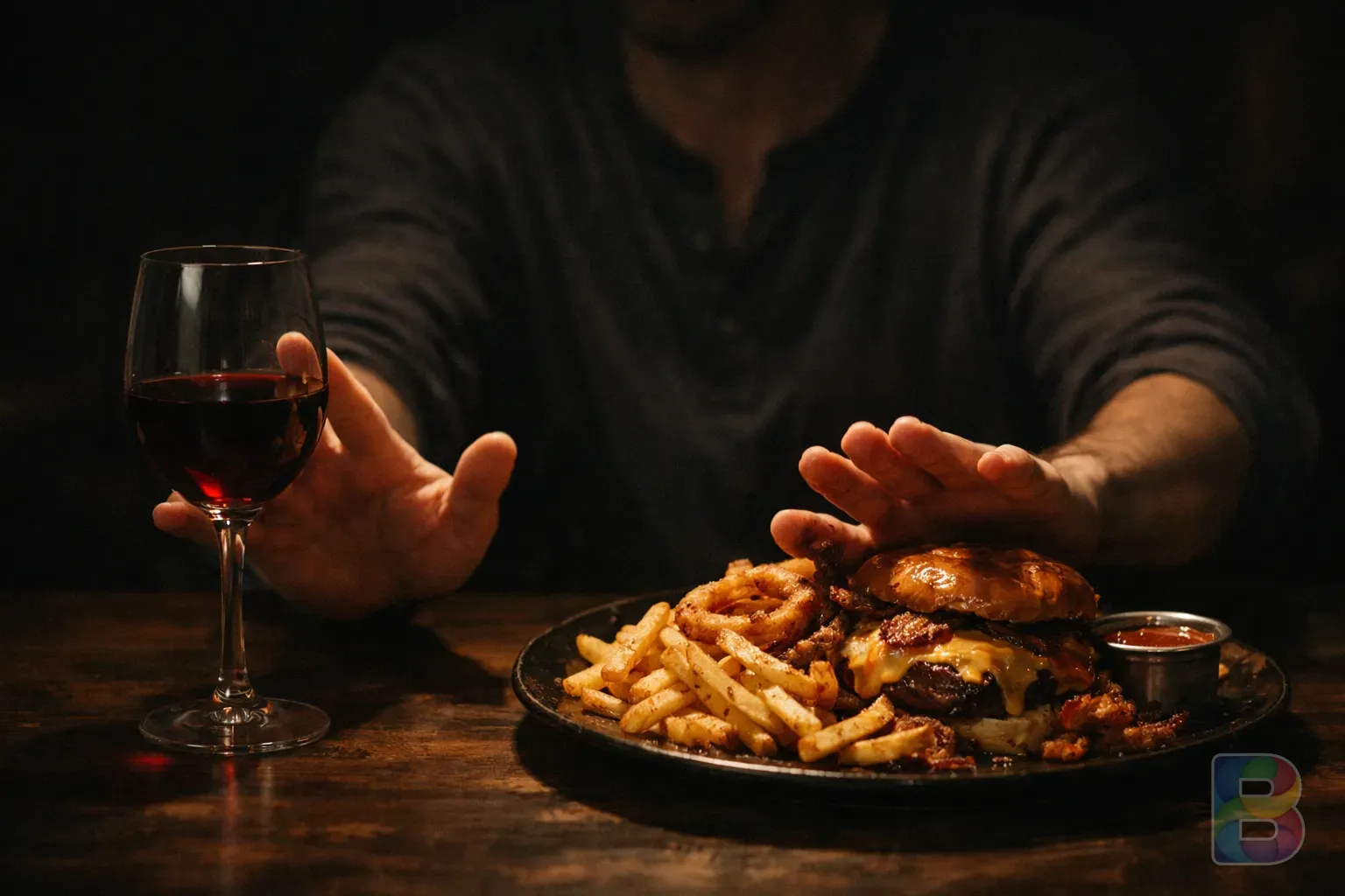 photorealistic, a person pushing away a glass of wine and a heavy greasy meal, dark moody background, focused lighting on the hands and food