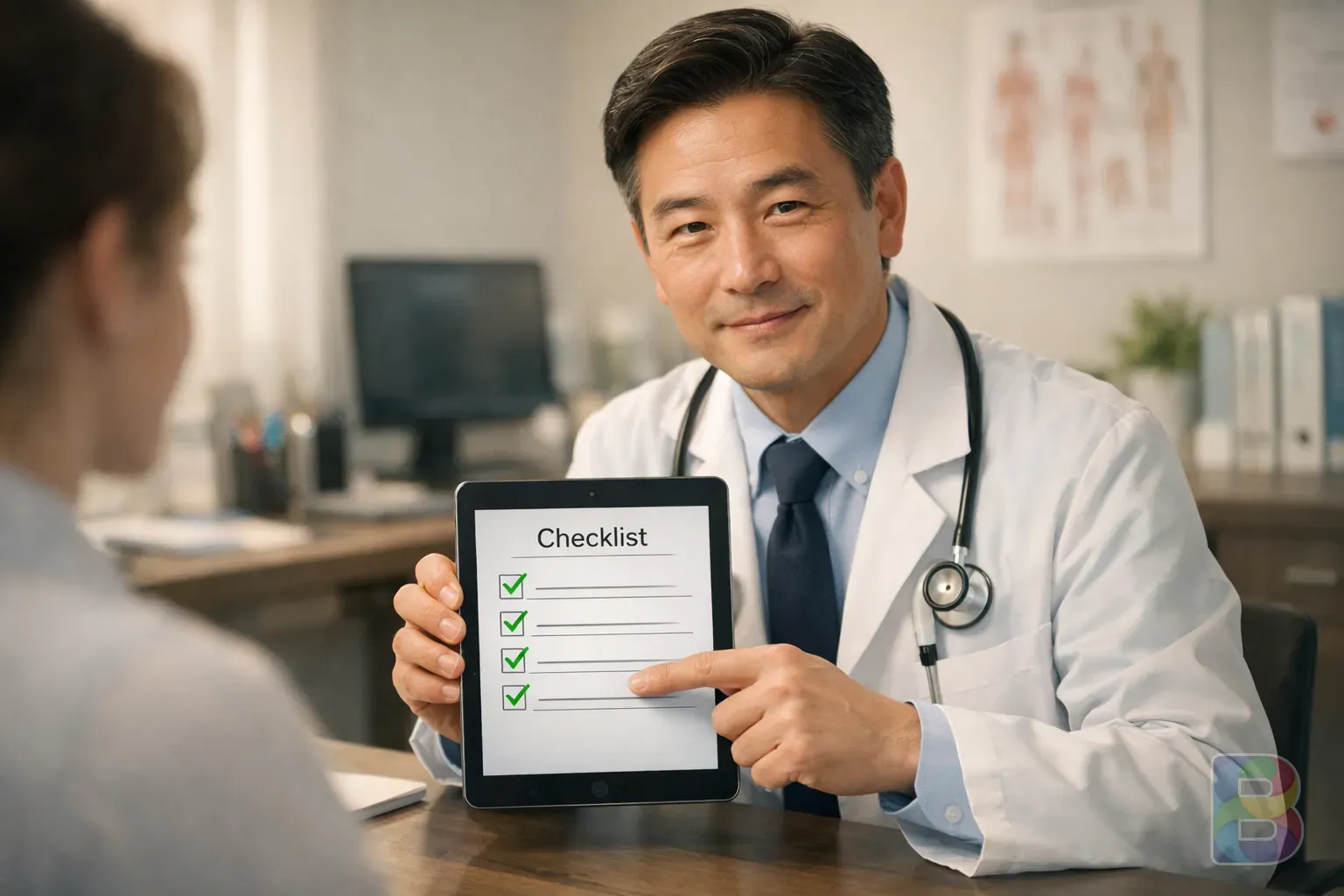 photorealistic, a doctor pointing to a checklist on a tablet, professional clinic setting, bright and reassuring atmosphere