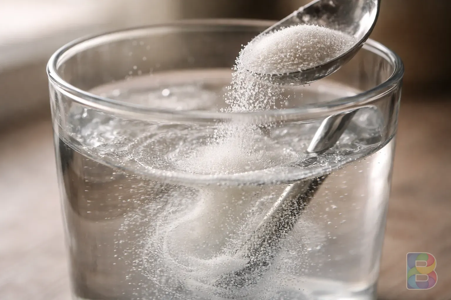 photorealistic, extreme close-up of crystalline collagen powder being stirred into a glass of clear water, macro photography, soft natural lighting, high detail