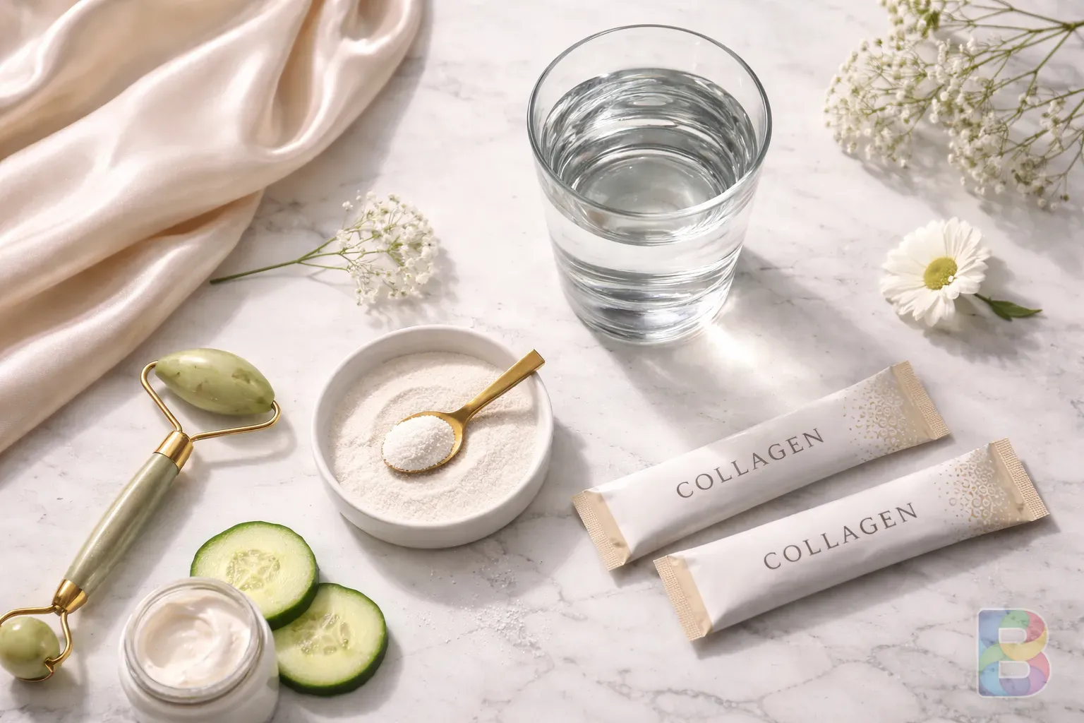 photorealistic, a flat lay of healthy skin-related items like a silk cloth, a fresh glass of water, and collagen sachets on a marble table, bright and clean aesthetic, cinematic lighting